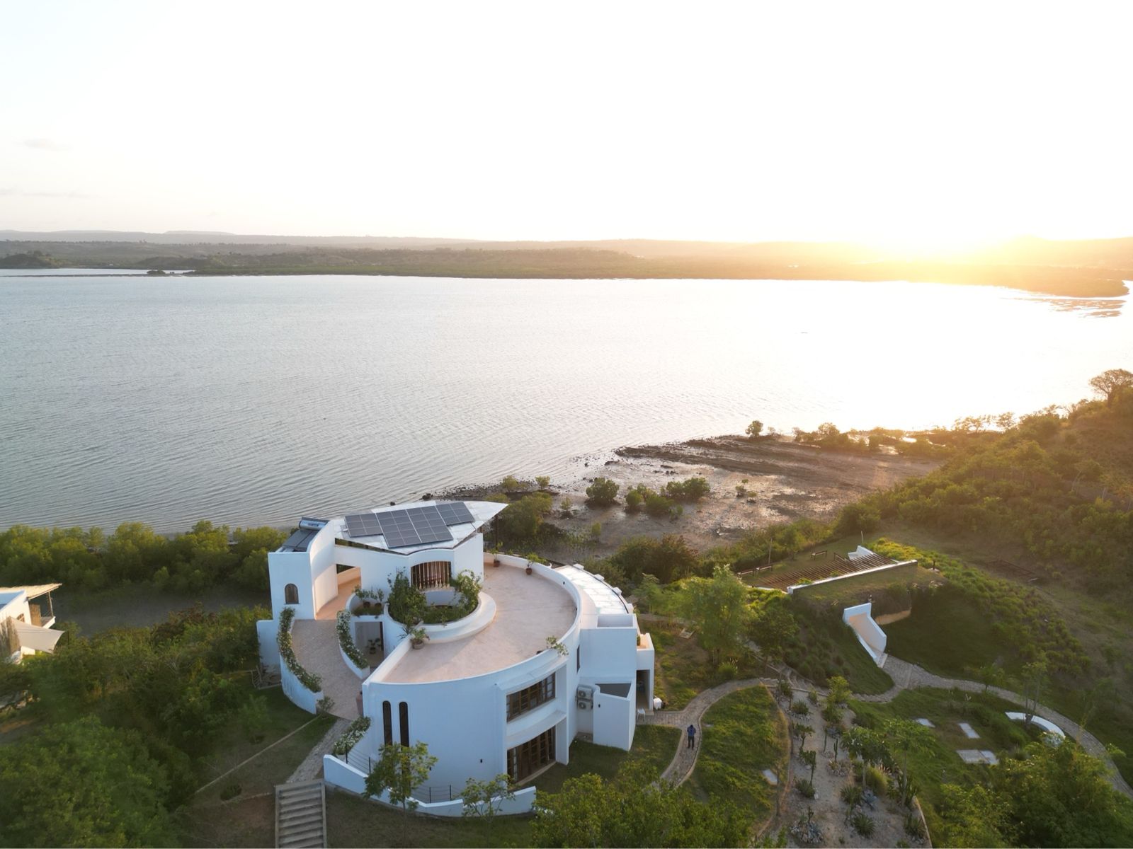 Chez Donéo from the air at sunset