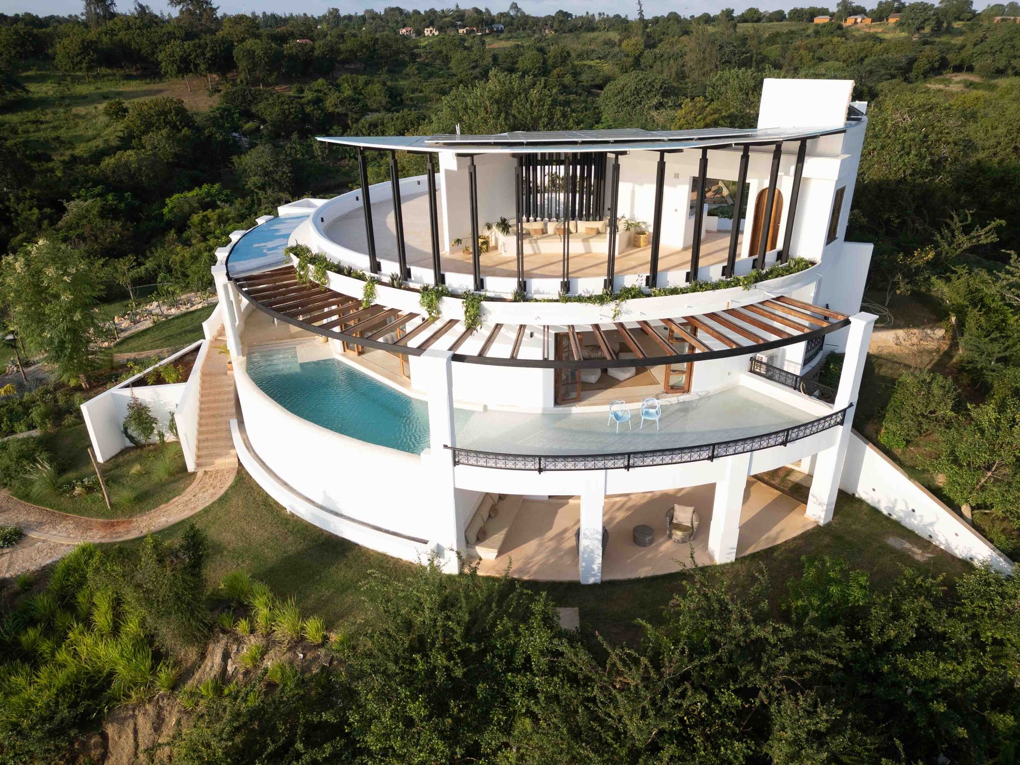 Aerial view of Chez Donéo at golden hour, Kilifi Creek